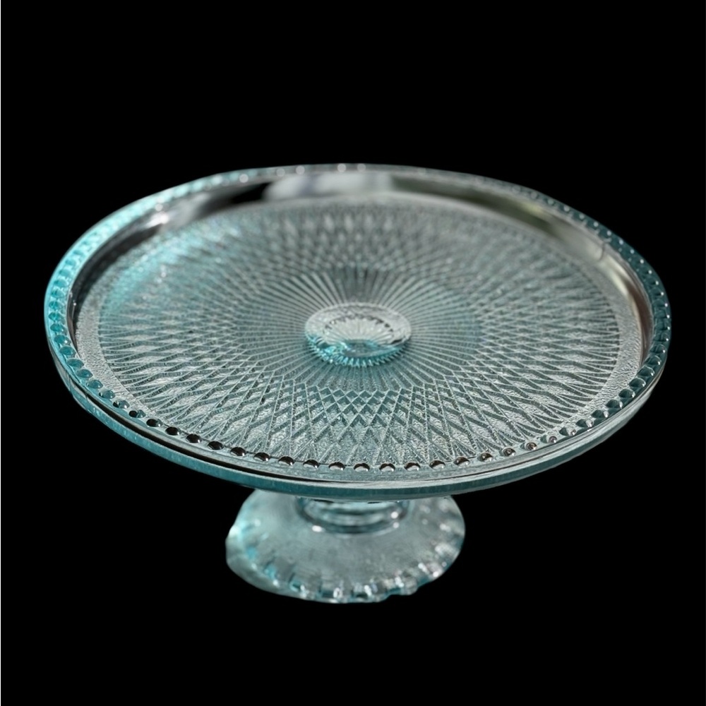 Jeanette Glass Ice Blue Harp Pedestal Cake Stand Mid Century Vintage